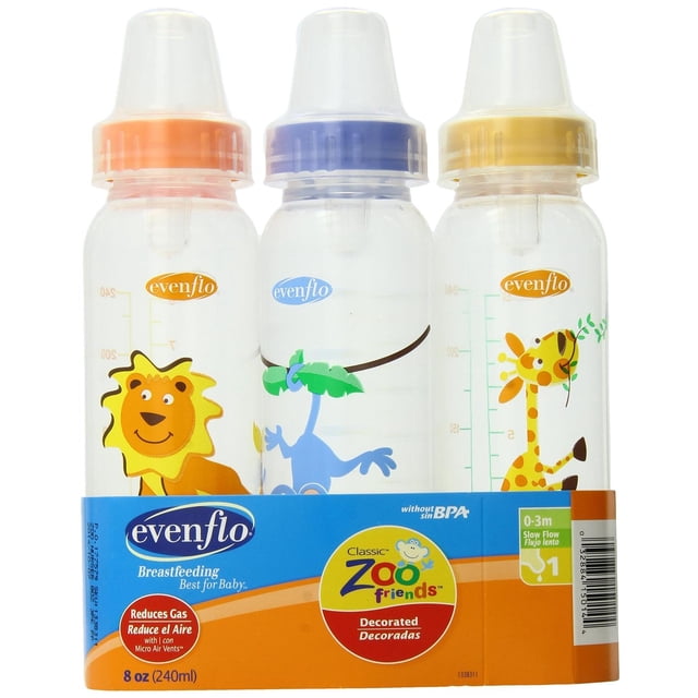 biberón de tetina estándar evenflo zoo friends rosado 236.59ml (8oz) Tres biberones transparentes con tapaderas rosa, lila y amarillo, marcaciones claras en ml/oz, personajes de zoológico (león, mono, jirafa) y logo Evenflo; indica libre de BPA, micro ventilación antigases y apto para rejilla superior de lavavajillas; también suele usarse para transportar leche extraída en salidas cortas.