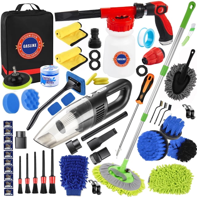 kit de limpieza para lavado de autos gaslike de 63 piezas con pistola de espuma y aspiradora, vista cenital con aspiradora de mano y boquillas, pistola de espuma blanca y roja con acoplamiento para manguera, cepillo de lavado con mango largo y cabezal giratorio, múltiples cepillos azules y verdes, 2 toallas de microfibra amarillas, almohadillas de pulido para taladro, 5 cepillos de detallado automotriz, 4 ganchos para reposacabezas, 2 filtros adicionales, gel de limpieza en bote, cinta de sellado, guante de lavado y bolsa negra de almacenamiento con logo GASLIKE; también adecuado para limpieza interior doméstica ligera.