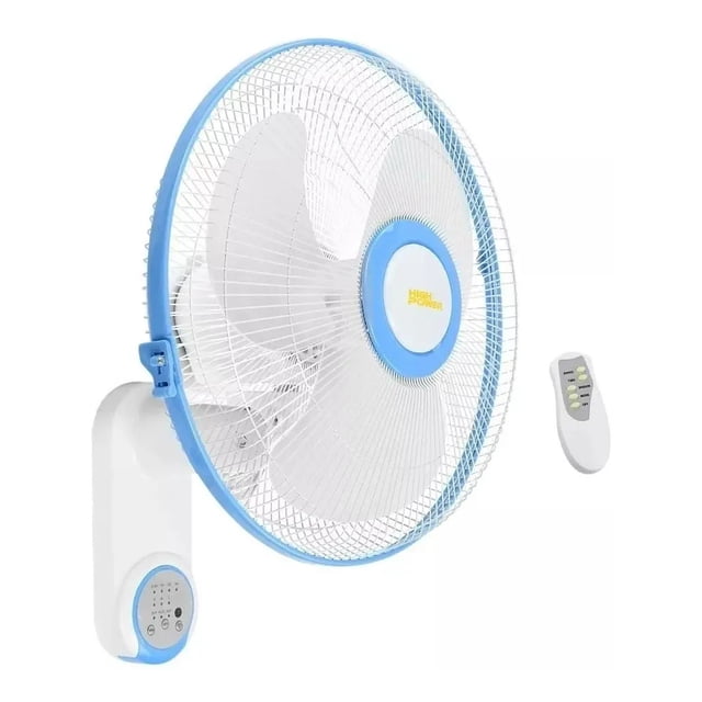ventilador de pared 16” 3 velocidades con control remoto vp-1603 high power Ventilador de pared blanco 16" VP-1603 con rejilla metálica y 3 aspas plásticas, aro azul claro, panel táctil en la base y control remoto; 3 velocidades, oscilación, montaje de pared que ahorra espacio, 40 W, 127 V. También suele usarse para ventilar talleres pequeños o áreas de servicio.