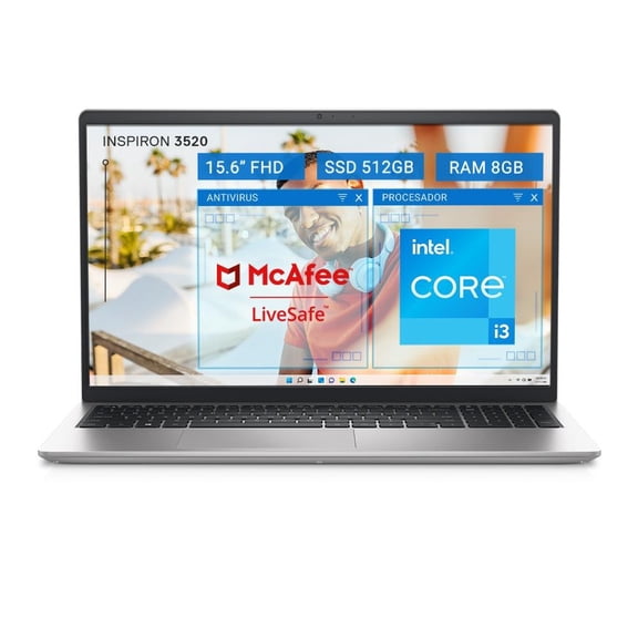Laptop Dell Inspiron Notebook 15 3520, 12th Gen Intel Core i3, 8G RAM, 512 GB SSD, Windows 11, Plata
