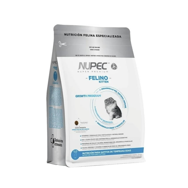 croquetas nupec felino kitten 3 kg bolsa blanca de alimento para gatitos y premios, vista frontal en ángulo con foto de un gatito en círculo y textos azul y gris que mencionan 'growth program' y nutrición para gatitos de temprana edad.