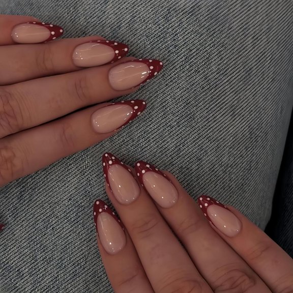 Uñas Postizas SXVME Rojo Burdeos con Punta Almendra y Lunares Blancos, Reutilizables de Gel