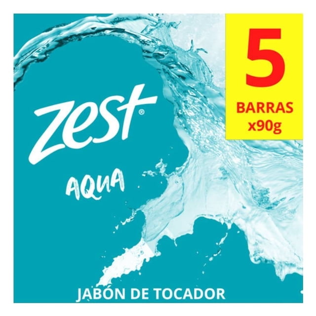jabón en barra zest aqua 450 g paquete azul con salpicadura de agua, logo Zest y texto 'Aqua' y 'Jabón de tocador', recuadro amarillo superior derecho '5 barras x90g', mención de fórmula con glicerina y vitamina E visible en empaque.
