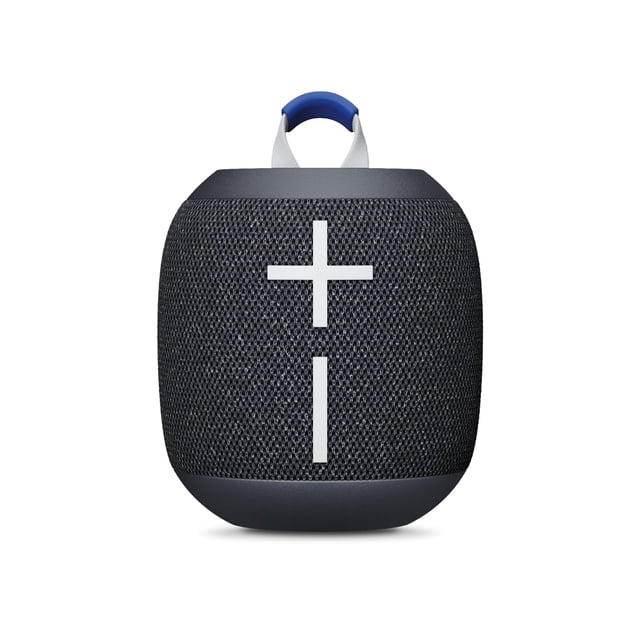 ultimate ears wonderboom 4 portable waterproof bluetooth speaker with big bass and 360-degree sound, dustproof floating speaker with 131ft (40m) range - black Centered front view of the black Ultimate Ears WONDERBOOM 4 portable Bluetooth speaker with rounded cylindrical silhouette, woven mesh grille, prominent vertical plus and minus volume symbols, rubberized base and top rim and blue-gray carry loop; product specs list 360-degree sound, IP67 water-and-dust resistance, up to 14 hours battery life and 131 ft (40 m) wireless range, suitable for poolside or beach use and suitable as a compact travel speaker.