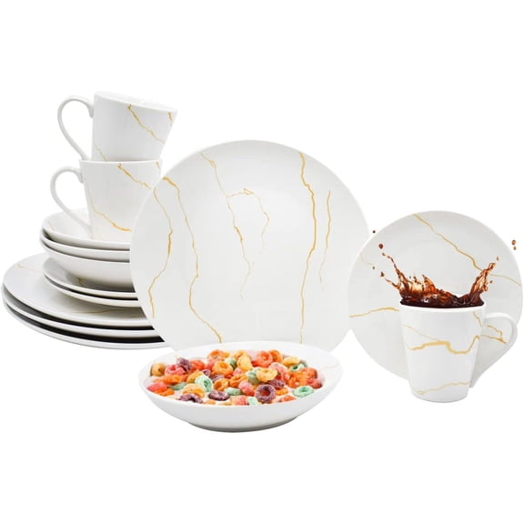 Set Vajilla Familiar Porcelana, 16 Piezas para 4 Personas, Modelo Golden Marble, Incluye: Plato Llano, Plato Hondo, Plato Postre y Taza con Caja de Regalo