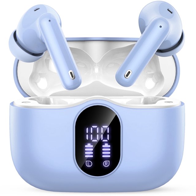 audífonos inalámbricos, audífonos bluetooth 5.4 estéreo de bajos, audífonos con micrófono con cancelación de ruido y pantalla led, 36h de reproducción audífonos intrauditivos, audífonos deportivos im Vista frontal 3/4 del estuche abierto con audífonos intrauditivos azul claro: estuche ovalado con interior blanco y pantalla LED frontal que muestra porcentaje de batería y iconos L/R; auriculares con tallo curvo y puntas de silicona posicionados sobre el borde, puerto Type-C visible en la parte posterior y diseño ergonómico ligero, adecuado para deporte, llamadas y uso en movimiento.