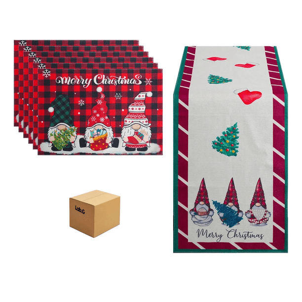 "Camino De Mesa + 6 Manteles Decoración Navidad Enanitos Lab.G, Rojo "