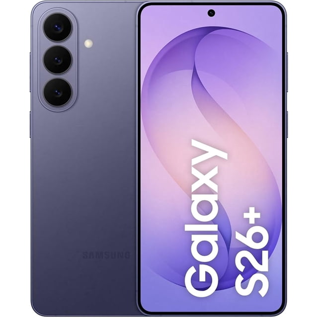 smartphone samsung galaxy s26 plus dual 512gb 12ram violeta Vista 3/4 frontal y trasera; S26 Plus violeta con pantalla 6.7” Dynamic AMOLED 2X QHD+ encendida y texto vertical 'Galaxy S26+'; trasera matte con módulo triple cámara (50 MP, 12 MP, 10 MP), flash y borde ultra delgado. A menudo usado para fotografía móvil avanzada y multitarea con IA y 5G.