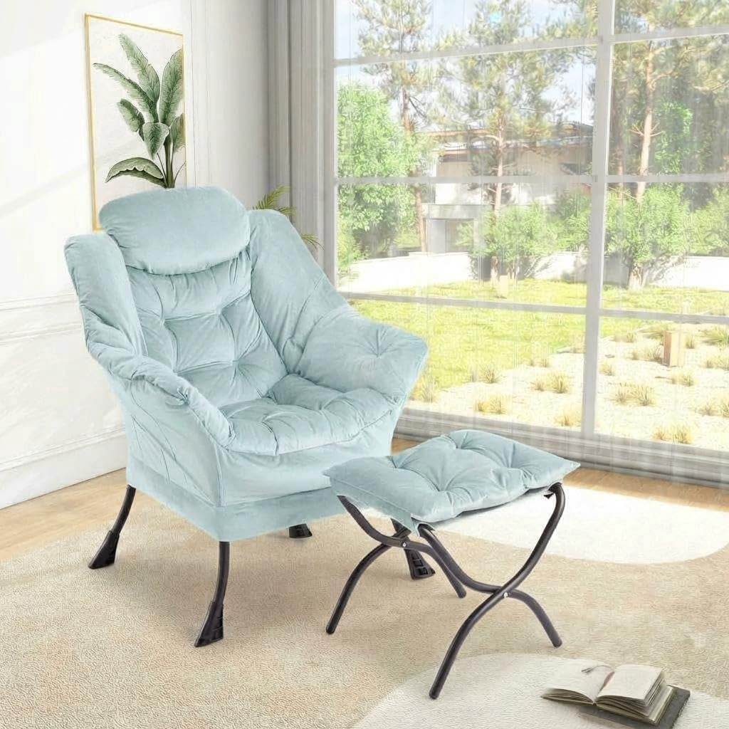 Juego de Sillón Tipo Hamaca con Otomana - Cojines de Tela Removibles y Reposapiés Plegable con Bolsillo Lateral - Estructura Metálica Moderna - Ideal para Sala, Dormitorio, Balcón y Oficina