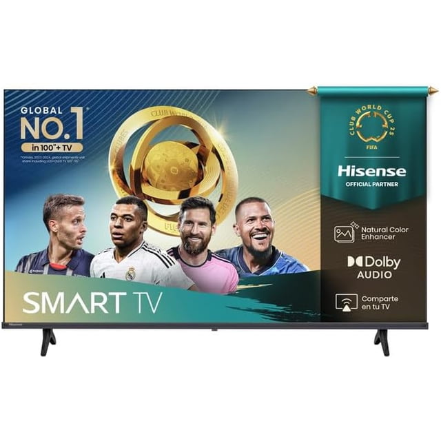 televisor hisense mod. 40a4nv smart nd vidaa smart TV 40 pulgadas LED negro, vista frontal centrada con pantalla promocional de torneo de fútbol; panel HD 1920x1080 y soporte de dos patas visibles. Especificado con 120 Hz, sistema operativo Vidaa, doble audio, apps precargadas, compatible con Google Assistant y Alexa, dos entradas HDMI y una USB; ideal para crear un centro de entretenimiento en sala.