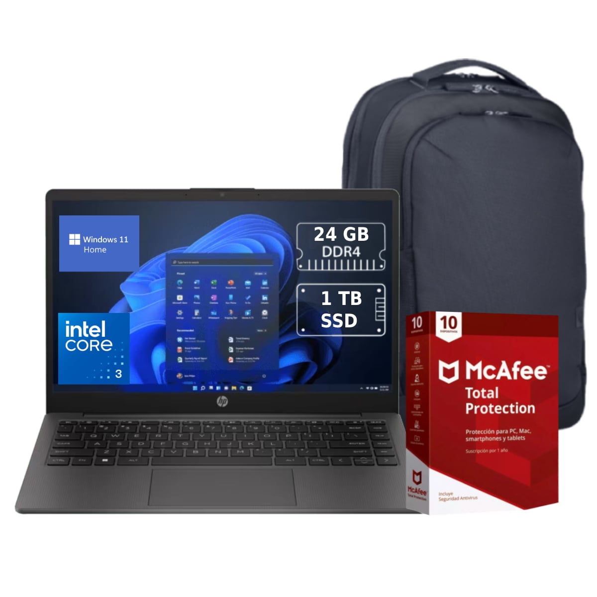 Laptop HP 240R G10 | 14" HD | Intel Core 3 100U 14ª Gen | 24gb RAM | 1TB SSD | Windows 11 | WiFi 6 | Teclado Español | Incluye Mochila + Antivirus