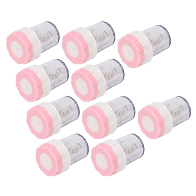 arandela de lente de contacto, limpiador de lentes ergonómicos de contacto portátiles abs 10pcs para oficina para hombres conjunto de 10 elevadores de lente manuales ABS en vista 3/4 frontal; cuerpos cilíndricos transparentes con tapas rosadas estriadas y anillos blancos, diseño compacto y portátil para agitar y eliminar proteínas y pequeñas partículas adheridas según especificación, adecuado para mantenimiento diario de lentes de contacto y uso en viajes u oficina.