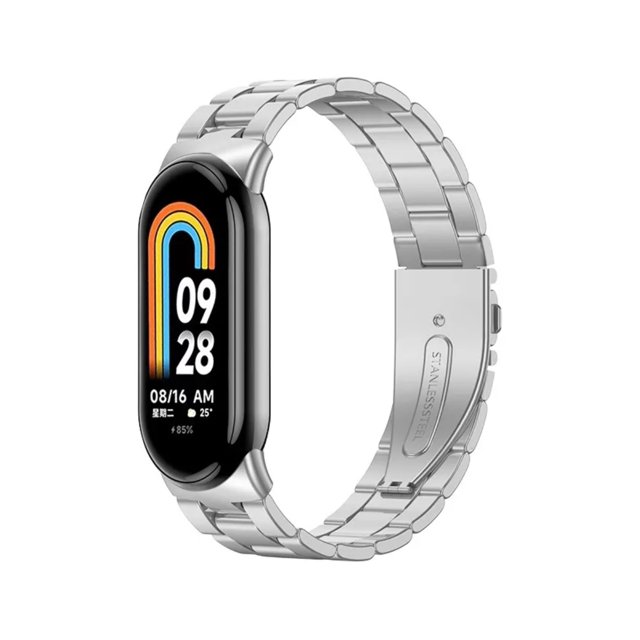 correa acero inox eslabones para xiaomi mi band 8/9/10 +1 mica Correa unisex de eslabones de acero inoxidable color plata con cierre de hebilla desplegable y adaptadores integrados para Xiaomi Mi Band 8/9/10; muestra eslabones y placa con marcado "stainless steel", longitud aproximada 24 cm, incluye mica protectora; también suele usarse para vestir bandas en ocasiones casuales u office wear.