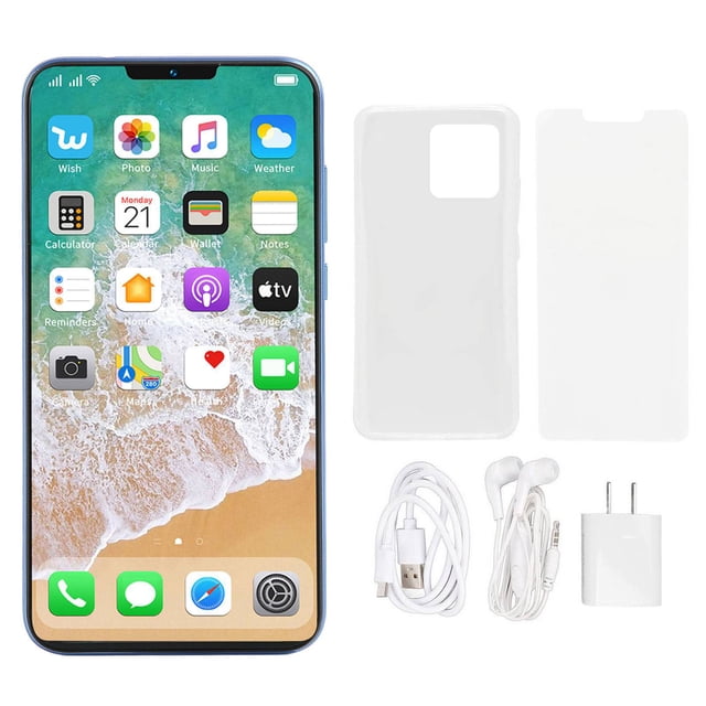 smartphone desbloqueado azul 6 pulgadas 4gb ram 32gb rom teléfono móvil con reconocimiento facial para android 11 100-240v enchufe de ee. uu. vista frontal con pantalla curva de 6 pulgadas y muesca mostrando rejilla de apps, borde azul y biseles delgados; a la derecha funda trasera transparente, protector de pantalla, cable USB blanco, audífonos con conector de 3.5 mm y cargador de pared tipo EE. UU.; también apto como teléfono de respaldo para viajes por su batería de larga duración según especificaciones.