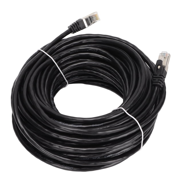 cable ethernet cat 6 protección emi baja pérdida de retorno 10 gbps conector rj 45 de alta velocidad cable de internet para pc 20 metros. Rollo negro de 20 m con conectores RJ45 visibles en ambos extremos, cubierta PVC y blindaje para reducir EMI; indicado para redes LAN, servidores, impresoras y routers. También suele usarse para conexiones por cable de consolas y equipo de streaming por su alta velocidad.