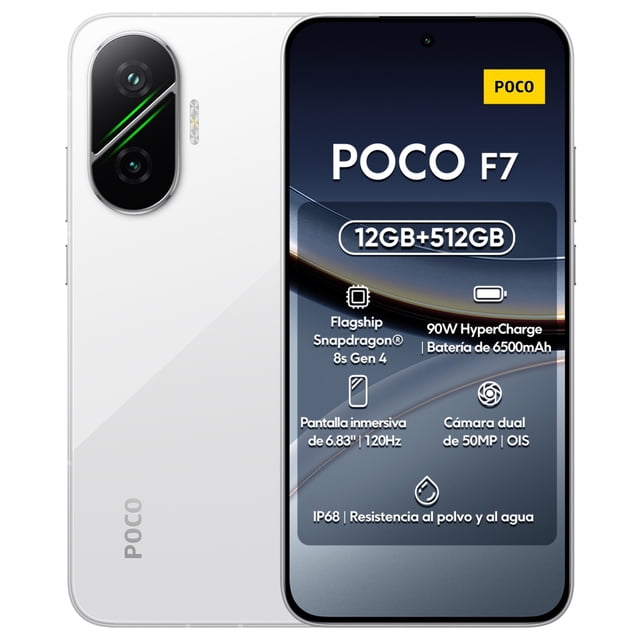 smartphone xiaomi poco f7 dual sim 512 gb rom 12 gb ram -blanco vista frontal y trasera, pantalla AMOLED de 6.83" encendida con logo POCO F7; carcasa blanca con módulo de cámara doble y cámara frontal de 20Mpx en perforación superior; 12 GB RAM, 512 GB ROM, 5G, batería de 6500mAh, reconocimiento facial y sensor de huella; también adecuado como equipo de respaldo por su gran batería.