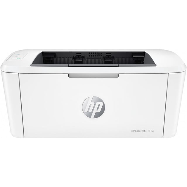 impresora laser hp laserjet pro m111w inalambrica monocromatica blanco 7md68a vista frontal centrada de una impresora láser compacta blanca con logotipo HP plateado en el frente, bandeja superior de salida abierta y panel de control izquierdo con indicadores; tamaño pequeño, impresión rápida y accesos directos personalizables con su teléfono o impresora, ideal para oficina en casa.