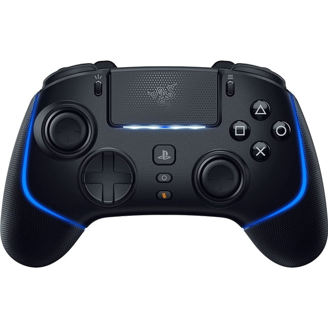 control razer wolverine v2 pro - playstation 5 sony v2 pro controlador inalámbrico negro con Razer HyperSpeed; vista frontal centrada con empuñaduras ergonómicas texturizadas, dos joysticks asimétricos, cruceta de 8 vías con microinterruptores, botones de acción meca-táctil, panel táctil con logo Razer y tira LED de Razer Chroma, gatillos superiores configurables y seis botones intercambiables visibles, incluye dongle USB tipo A. ideal para juegos competitivos en PS5 y PC; a menudo usado también para streaming y setups portátiles.