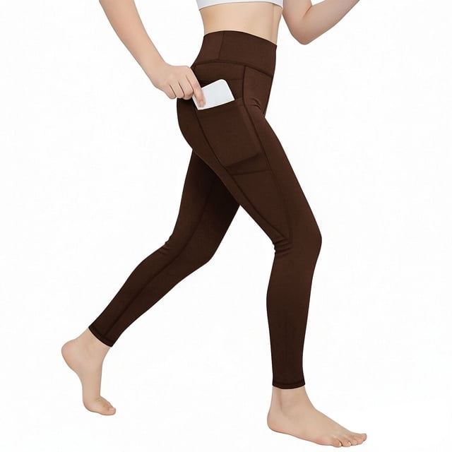 Amzcrzy Leggings Yoga Niñas 4 A 13 Años Cintura Alta Deportivos Cómodos Elásticos Control Abdomen Suaves Tacto Agradable Con Bolsillos Correr Ejercicio Marrón