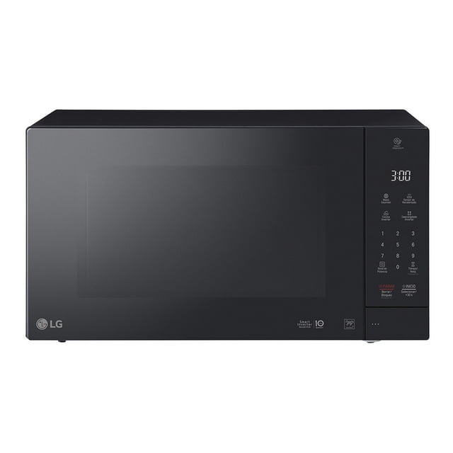 horno de microondas lg 2 pies negro ms2097jss vista frontal centrada de microondas negro de 2.0 pies cúbicos (56 L) con puerta de vidrio oscura y logotipo LG en la esquina inferior izquierda; panel táctil derecho con pantalla digital y botones numéricos visibles, acabado negro mate, tecnología Smart Inverter para cocción uniforme, recubrimiento Easy Clean para limpieza con agua y anillo giratorio hexagonal de 6 puntos para mayor estabilidad de utensilios; también suele usarse para recalentar y descongelar porciones grandes de alimentos.