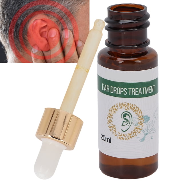 gotas para el cuidado de los oídos, gotas para los oídos para tinnitus, respetuosas con la piel, mejoran la pérdida auditiva para uso diario para la picazón de oídos Botella ámbar de 20 ml con etiqueta 'EAR DROPS TREATMENT', cuentagotas de vidrio y tapa dorada en primer plano; recuadro muestra una oreja con círculos concéntricos rojos representando zumbido y malestar auditivo. Producto de importación, paquete de 1.