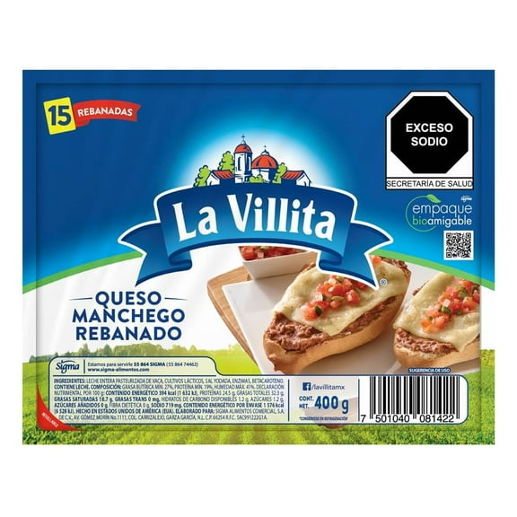 Queso manchego La Villita 41 rebanadas rectangulares 400 g
