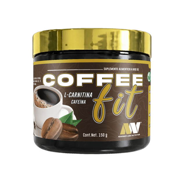 café soluble pre-entreno advance labs coffee fit termogénico 30 tazas 180g envase frontal cilíndrico con tapa dorada; etiqueta marrón con texto prominente "COFFEE fit", ilustración de taza humeante y granos de café, menciona L-carnitina y cafeína y contenido para 30 tazas (180 g), sobre fondo neutro. Suele usarse antes del ejercicio y resulta práctico para transportar.