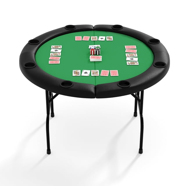 yeshouse mesa de póker plegable de 120 cm - mesa de casino redonda para 8 personas con portavasos integrados, riel acolchado y superficie de juego lisa: vista 3/4 frontal de mesa redonda plegable de 120 cm con fieltro verde central, borde acolchado negro con ocho portavasos integrados, patas de acero plegables y cartas y fichas en el centro; ideal para noches de póker en casa y a menudo usada también para juegos de mesa en reuniones.