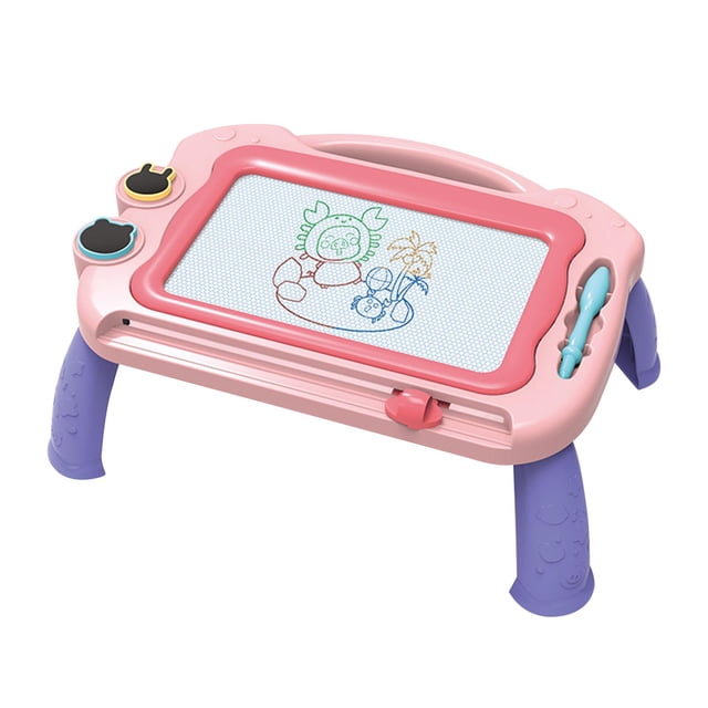 pizarra de dibujo magnética para aprender bloc de dibujo magnético borrable juguete educativo tablero de educativo tablero de sunnimix tablero de dibujo Rosa SM SunniMix pizarra magnética tipo mesa, 3/4 frontal con patas desplegadas; superficie de rejilla blanca borrable dentro de marco rosa con dibujos en colores, bolígrafo magnético encajado en lateral derecho, dos sellos magnéticos en esquina izquierda y bandeja con borrador deslizante; plástico, tamaño 33.5x22.5x12 cm, diseñada para practicar colores y formas y uso repetido; apta para llevar como mesa de dibujo en viajes cortos.