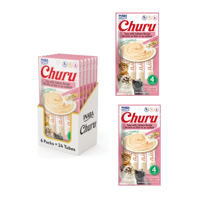 exhibidor 8 sobres churu snack salmon y atun 14 g (4 pzas.) exhibidor de mostrador con paquetes rosa de Churu que muestran tubos cremosos sabor salmón y atún, la marca Churu en rojo y fotos de gatos; indicado como snack cremoso y para hidratación según especificaciones del producto.