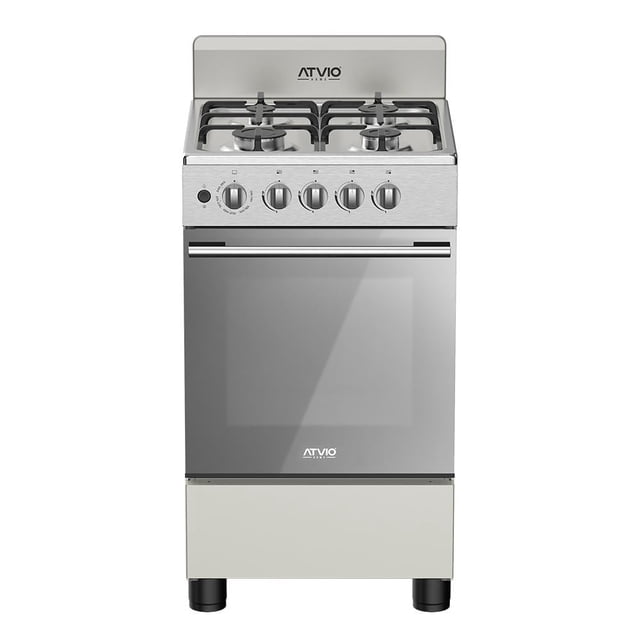 estufa atvio 20 pulgadas gris estufa de 4 quemadores con encendido electrónico, panel de control de acero inoxidable y perillas ergonómicas; vista frontal que muestra parrillas y soporte de hierro fundido, puerta de horno con espejo de cristal y cavidad grande de 62L con cajón fijo. También adecuada para preparar comidas por lotes en espacios reducidos.