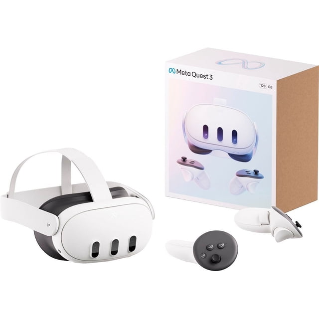 meta quest 3 lentes de realidad avanzada 512gb casco de realidad virtual blanco con banda superior visible y dos controladores inalámbricos junto a la caja del producto; a menudo usado para juegos y experiencias inmersivas.