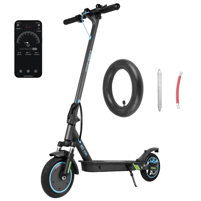 scooter eléctrico honey whale smart m2-max negro ¡Modelo Nuevo! Vista 3/4 frontal del scooter negro con detalles azules y verdes; columna con logo HONEY WHALE, manillar con pantalla LCD, cable azul y botones, plataforma baja y soporte lateral desplegado. Ruedas inflables 8.5 pulgadas y neumático de repuesto, palanca y extensor mostrados; interfaz de app Bluetooth visible. Motor 500 W, velocidad máxima 32 KM/H y autonomía hasta 22 KM. A menudo usado para trayectos urbanos cortos y último tramo de viajes.