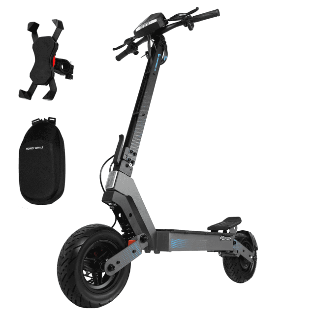 scooter eléctrico honey whale h4 azul Vista 3/4 frontal del scooter eléctrico Honey Whale H4 en azul con manillar y pantalla táctil HD visibles; chasis de acero y aluminio, plataforma baja, llantas neumáticas de 11 pulgadas y doble suspensión; faro delantero integrado, luz trasera y freno de disco. Incluye soporte para celular y bolsa auxiliar en la esquina superior izquierda.