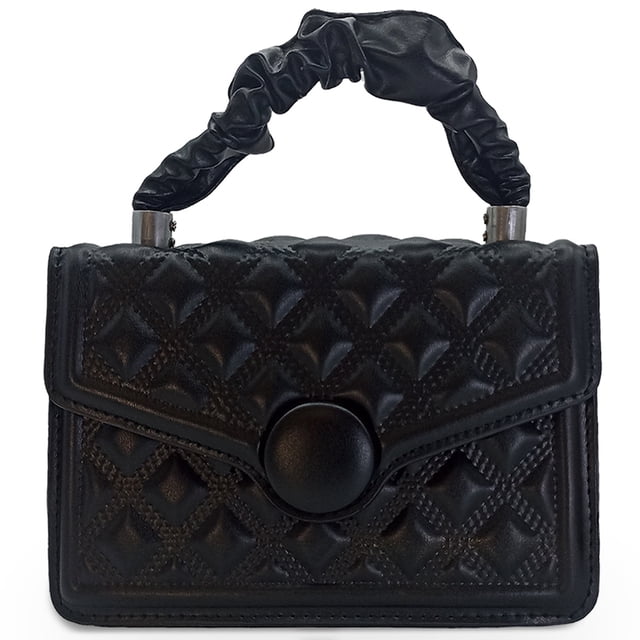 bolso bandolera shendy vendy de un hombro con broche negro, vista frontal centrada de bolso pequeño con patrón acolchado a cuadros y broche redondo frontal. Asa superior fruncida, cuerpo de PU con costuras visibles, formato compacto para teléfono, llaves y cartera; versátil como bolso de mano o bandolera.