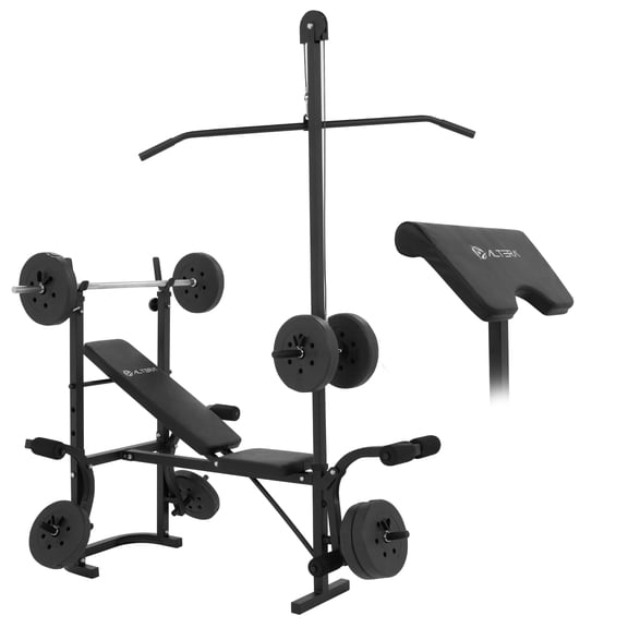 Banco de Ejercicio Fitness Altera LIONSET Kit Multifuncional Respaldo Ajustable C Barra y Pesas Integradas Mas Polea Color Negro