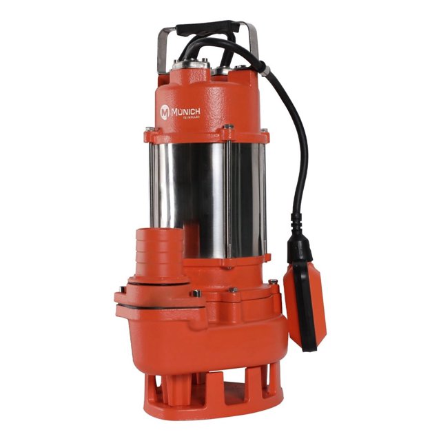 bomba sumergible acero inoxidable agua sucia 1hp flotador munich wqd-16 vista frontal con cuerpo en acero inoxidable y carcasas plásticas naranja; motor monofásico 1 HP, descarga 2" y flotador lateral conectado por cable. Flujo máximo 300 l/min y altura máxima 17 m; medidas aproximadas 23 x 20 x 44 cm. A menudo usada para achique en casas, granjas o talleres.