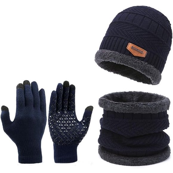 Genérico Conjunto de Invierno 3 Piezas Color Azúl Marino -Navy- con Gorro de Punto Forrado, Bufanda Cuello de Forro Polar y Guantes Táctiles Antideslizantes para Hombre y Mujer.