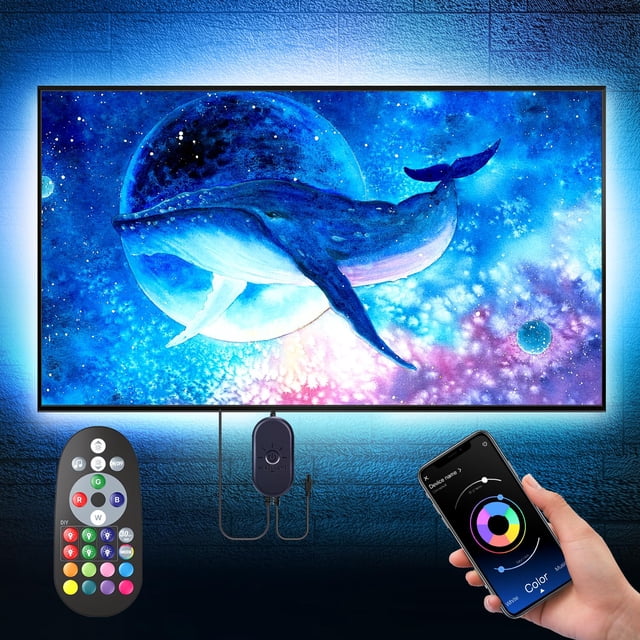 nexillumi luces led para tv retroiluminación led rgb tira de luces led detrás del televisor con control remoto de aplicación, sincronización de música iluminación ambiental led inteligente para decora TV con tira LED instalada detrás que proyecta halo azul y violeta; se muestran control remoto por infrarrojos, módulo de control con cable USB y un teléfono con la app illumi home ajustando color. Tira flexible de 16,4 pies (5 m) con 16 millones de colores, diseñada para doblarse en esquinas y sincronizar con música.