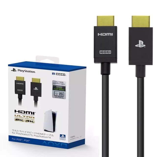 cable hdmi 2.1 ultra alta velocidad 8k ps5 ps4 xbox switch pc (5 metros) Cable HDMI 2.1 negro de 5 m con conectores chapados en oro y funda plástica negra, con logotipo PlayStation en un conector; caja blanca y azul al fondo. Compatible con 8K60 y 4K120 según especificaciones, pensado para televisores, monitores y consolas y a menudo usado para conexiones AV en setups de entretenimiento compacto.