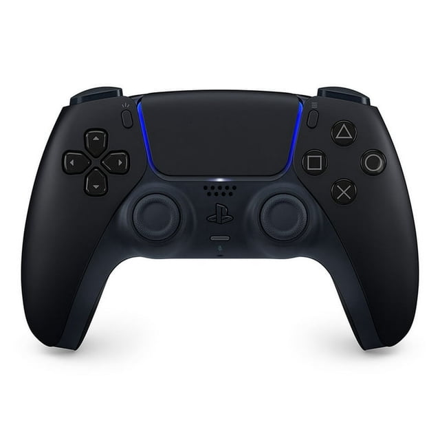 control inalámbrico playstation 5 dualsense midnight black vista frontal centrada; DualSense negro con d-pad a la izquierda, botones de acción a la derecha, dos joysticks simétricos, panel táctil central y barra de luz azul en la parte superior, textura mate y logo Sony. También apto para uso como mando de juegos remotos en PC y streaming.