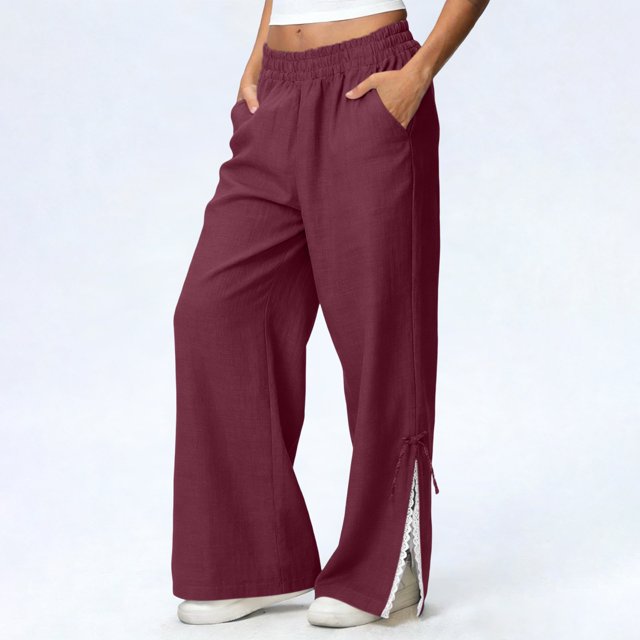 TaTaai olid Color Cotton Linen Women Casual Pants Wide Leg Breathable Machine Washable No Fading Lightweight Non See-through Daily Wear Full Length Trousers Gift