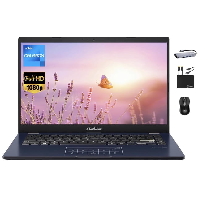 ordenador portátil asus vivobook ultrathin go 2024 14" fhd de 4 gb/128 gb frontal centrado, chasis azul marino ultradelgado, pantalla 14" FHD mostrando imagen floral al amanecer, teclado con touchpad visible y logo ASUS en el bisel inferior; accesorios pequeños a la derecha (mouse y adaptador).