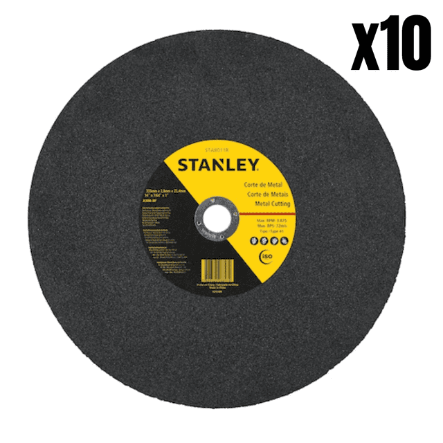 10 piezas disco para corte de metal stanley 14 pulg vista frontal centrada de un disco negro de 14" con etiqueta amarilla STANLEY en el centro, superficie abrasiva de grano de óxido de aluminio y orificio central para montura; diseñado para cortes limpios y rápidos en metal y suele ser adecuado para trabajos de taller y herrería ligera.