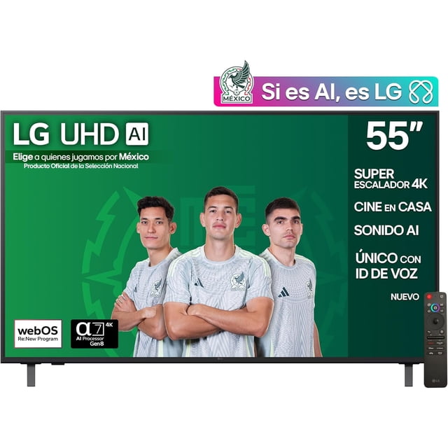 tv 55 pulgadas smart tv ia uhd 4k 55ua8050psa lg Pantalla plana 55" 4K con marco delgado y patas de soporte; vista frontal con tres figuras desenfocadas sobre fondo verde, logotipos webOS y a7 AI Gen8 en la esquina inferior y control Magic Remote visible a la derecha. Panel con HDR10 Pro y procesador Alpha 7 4K AI Gen8 que mejora imagen y ofrece sonido envolvente; a menudo usado como pantalla principal en sala de estar.