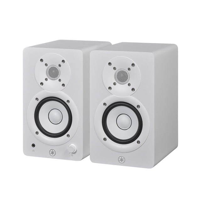 monitores de estudio yamaha hs3 activos 2 vias blanco par frontal de monitores de estudio; vista frontal centrada con tweeter de malla metálica superior y woofer blanco con borde negro inferior, control de volumen y logo Yamaha en el panel frontal sobre fondo neutro; adecuados como monitores compactos de referencia para mezcla y grabación.