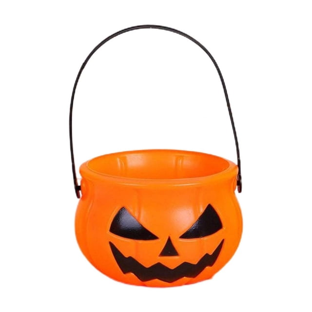 xihbxyly cesta de dulces de calabaza de halloween, diseño de cara malvada espeluznante, plástico resistente anaranjado; vista frontal centrada con ojos y boca negros y asa negra arqueada para transportar, adecuada como almacenamiento o decoración de temporada y útil para repartir dulces en fiestas.