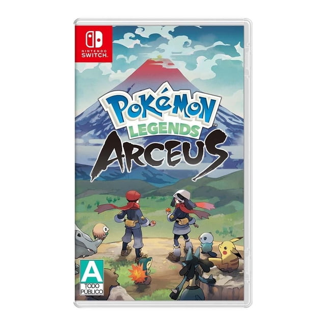 pokémon legends arceus nintendo switch físico Carátula frontal centrada con dos entrenadores de espaldas mirando una montaña al amanecer, logotipo grande de Pokémon Legends Arceus arriba, Pokémon como Pikachu, Rowlet y Cyndaquil en primer plano sobre pasto y una pequeña fogata, marco rojo con icono de Nintendo Switch y leyenda de clasificación; a menudo usado como referencia de colección para cajas físicas de juegos.