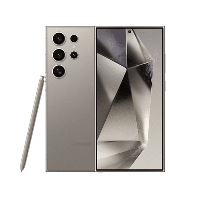 samsung galaxy s24 ultra 256gb gris reacondicionado vista frontal y trasera centrada con S Pen a un lado; carcasa gris mate con cuatro cámaras traseras y sensor, pantalla táctil borde a borde con cámara frontal perforada superior central; incluye caja y cable alternativo; producto reacondicionado con posibles rayas menores, rendimiento potente y diseño moderno.