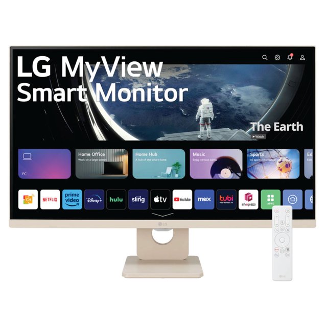 monitor lg de 27 pulgadas ips full hd web os Blanco, vista frontal centrada del monitor 27 pulgadas (1920x1080) con panel IPS y diseño minimalista; pantalla muestra webOS 23 con apps de streaming visibles, base rectangular con soporte de hueco circular y mando a distancia blanco al frente; compatible con AirPlay y Screen Share, Home Office ready y a menudo usado como segunda pantalla para videoconferencias o streaming ligero.